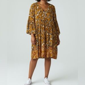 Bell sleeved Midi Dress “Fall in Love” Golden yellow floral print Plus 22/24 NWT